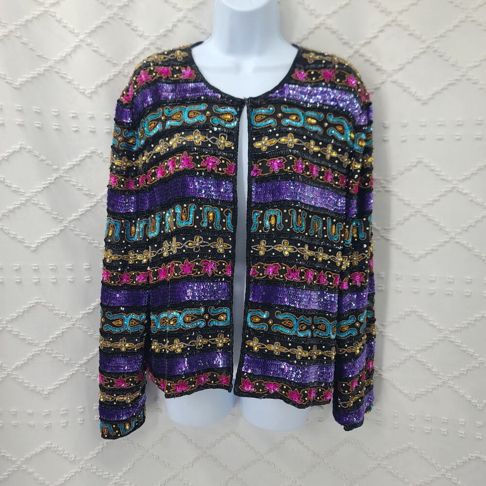 Vintage Night Vogue silk beaded/sequin studded jacket Size XL 80's Dopamine - Picture 3 of 9